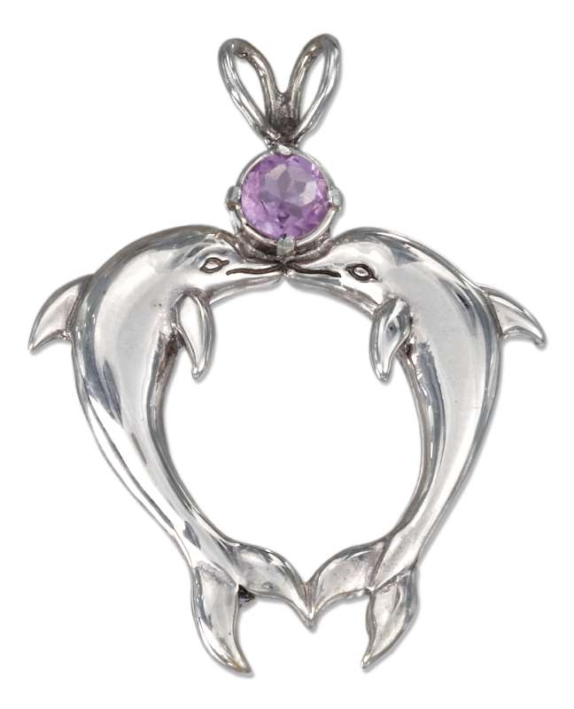 Heart Shaped Amethyst Stone Kissing Dolphins Pendant Heart Shaped Amethyst Stone Kissing Dolphins Pendant