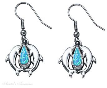 Kissing Dolphins Dangle Earrings Imitation Blue Opal