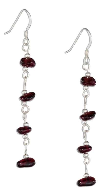 Long Link Strand Four Garnet Chips Dangle Earrings