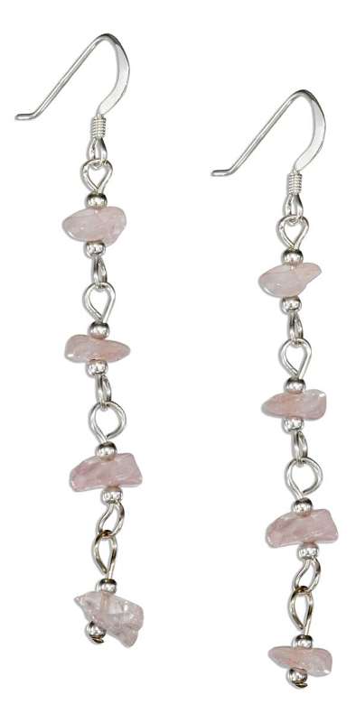 Long Link Strand Four Pink Rose Quartz Chips Dangle Earrings Long Link Strand Four Pink Rose Quartz Chips Dangle Earrings