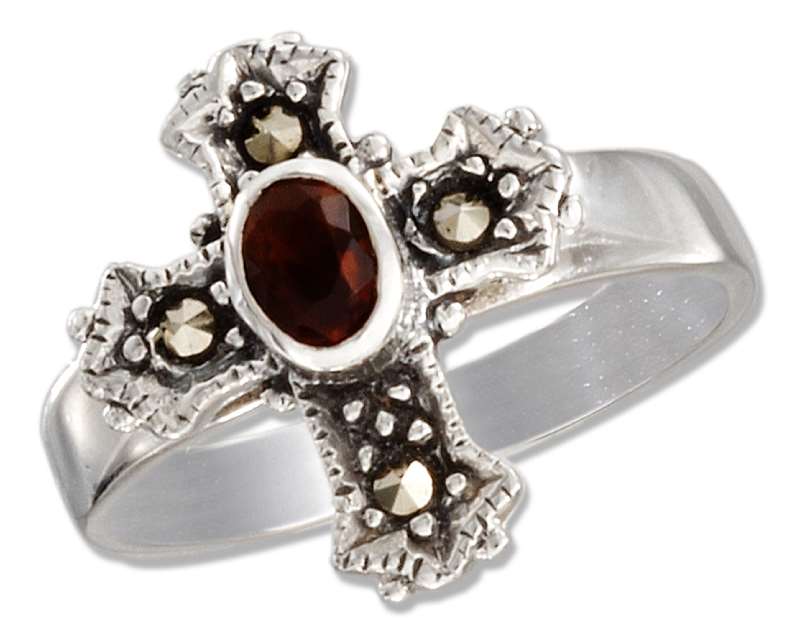 Marcasite Christian Religious Cross Garnet Ring Marcasite Christian Religious Cross Garnet Ring