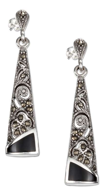 Marcasite Filigree Post Drop Dangle Earrings Black Onyx Tips