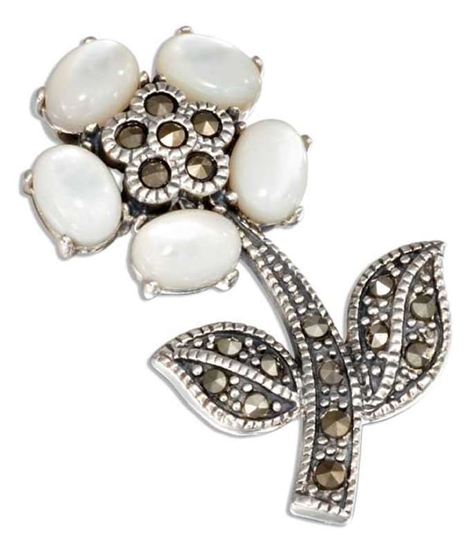 Marcasite Mother Of Pearl Flower Brooch Pin Marcasite Mother Of Pearl Flower Brooch Pin