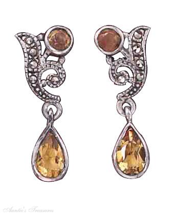 Marcasite Post Earrings Citrine Teardrop Dangle