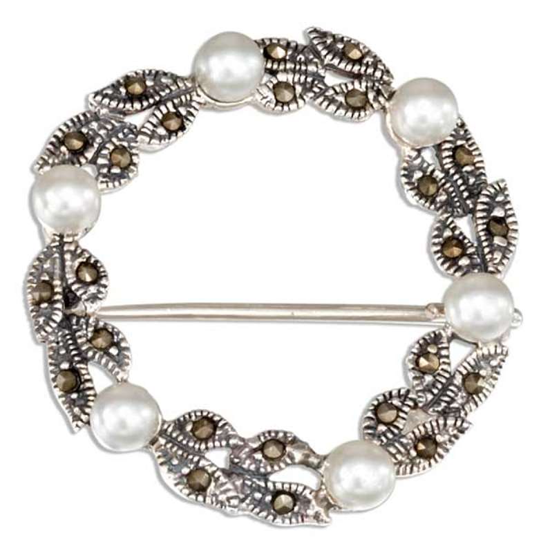 Marcasite Leaf Wreath Faux Pearls Brooch Pin