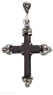 Marcasite Tipped Black Onyx Christian Religious Cross Pendant