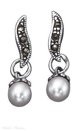 Marcasite S Shaped Post Drop Earrings Faux Pearl Dangle