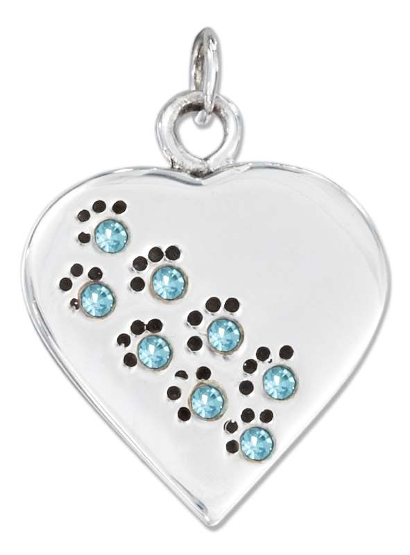 March Birthstone Paw Print Heart Charm