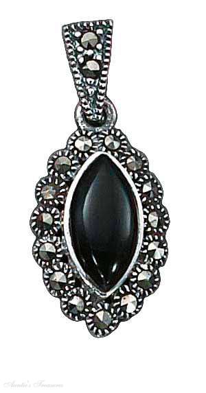 Marquise Black Onyx Pendant Scalloped Marcasite Border