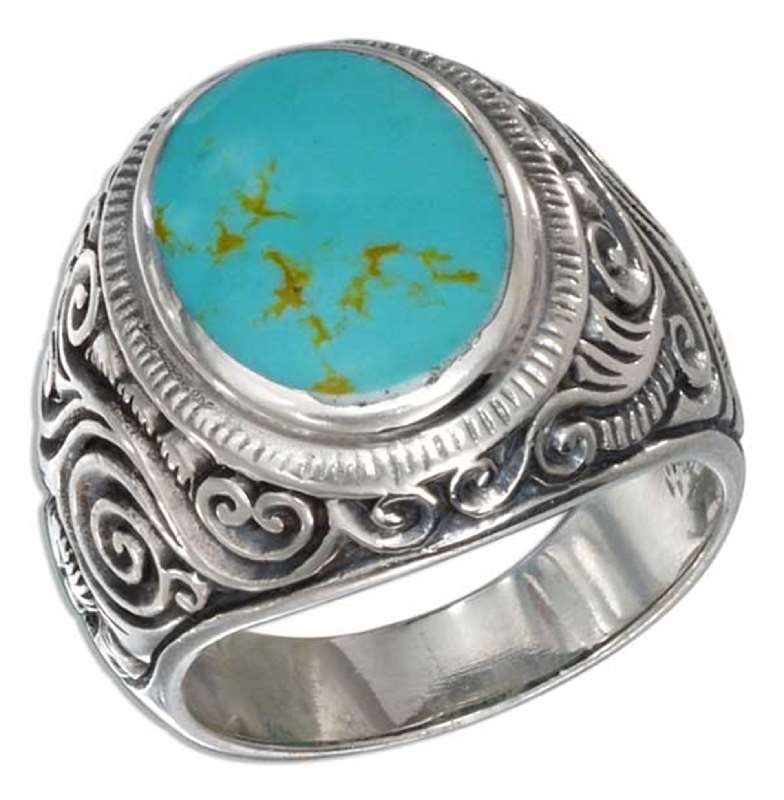 men s turquoise scrolled vine ring mens large sterling silver