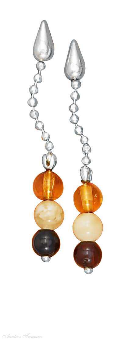 Amber Round Beads Post Dangle Earrings