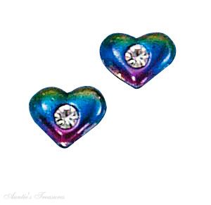Multicolored Enameled Heart Cubic Zirconia Post Earrings
