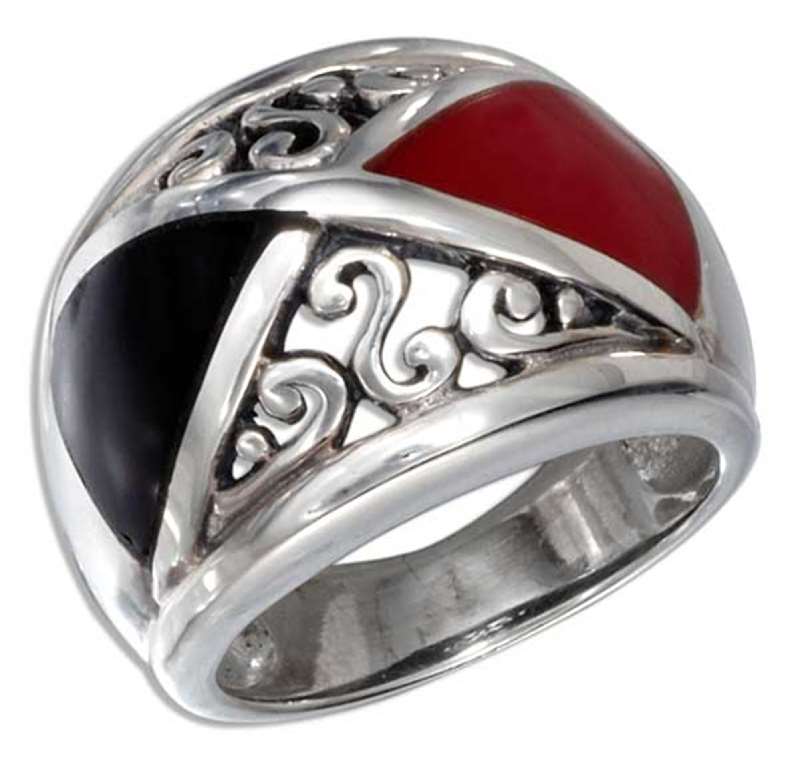 Black Onyx Red Coral Crisscrossed Inlays Scrolled Dome Ring