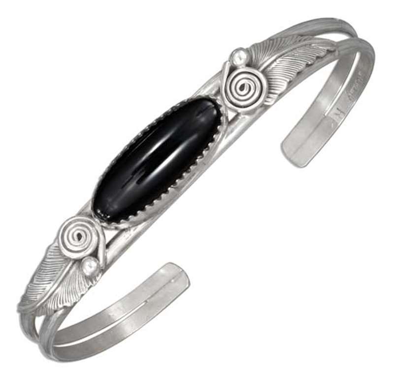 Open Cuff Bracelet Elongated Black Onyx Two Leaves Open Cuff Bracelet Elongated Black Onyx Two Leaves