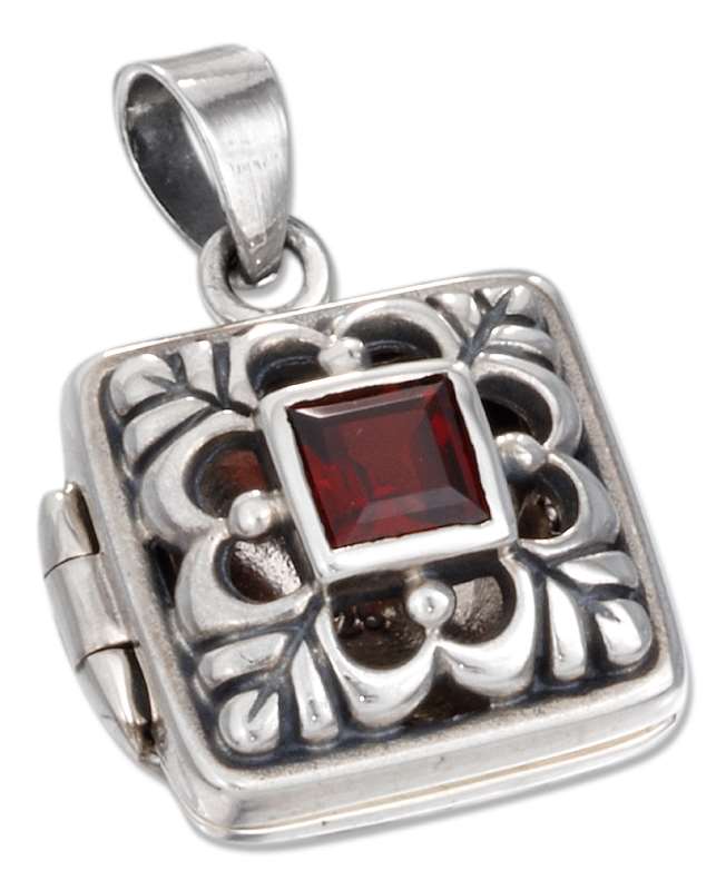Open Filigree Square Locket Pendant Garnet Open Filigree Square Locket Pendant Garnet