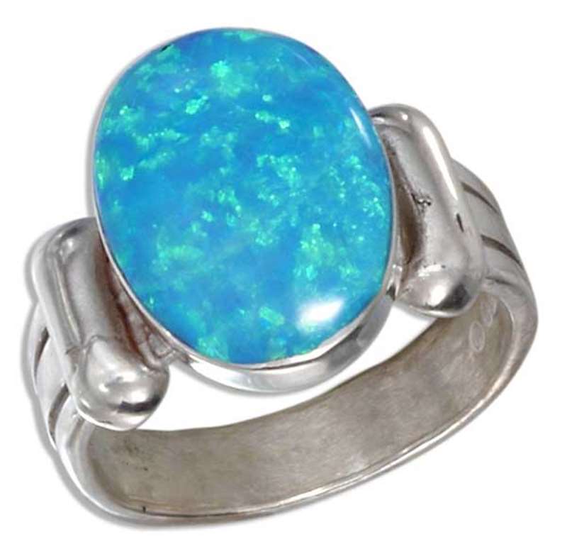 Synthetic Blue Opal Stone On Striated Shank Ring Synthetic Blue Opal Stone On Striated Shank Ring