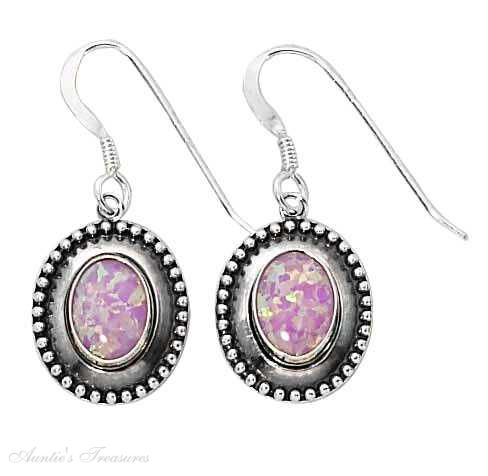 Synthetic Pink Opal Dot Border Concho Dangle Earrings