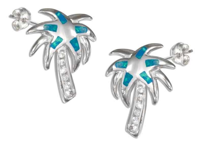 Palm Tree Post Earrings Pave Trunk Imitation Blue Opal Inlay Palm Tree Post Earrings Pave Trunk Imitation Blue Opal Inlay