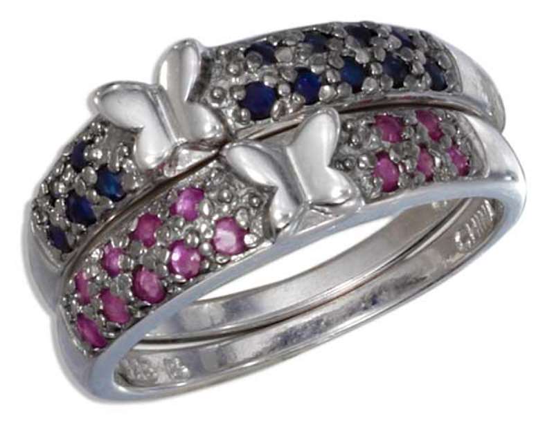 Platinum Plated Ruby Sapphire Set Of Two Rings - Click Image to Close
