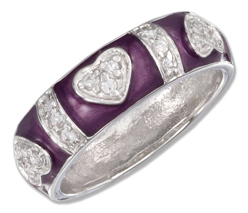 Purple Enamel Band Cubic Zirconia Hearts Ring Purple Enamel Band Cubic Zirconia Hearts Ring