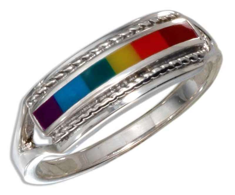 Rainbow Enamel Inlay Roped Edge Ring - Click Image to Close