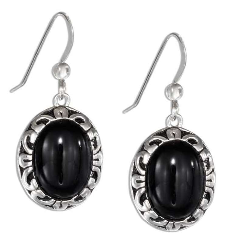 Black Onyx Cabochon Earrings AntiquedD Scroll Border