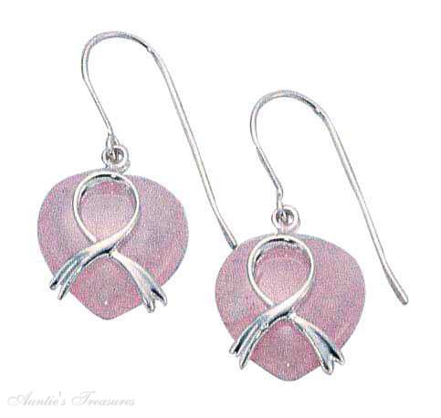 Breast Cancer Awareness Ribbon Rose Quartz Heart Dangle Earrings
