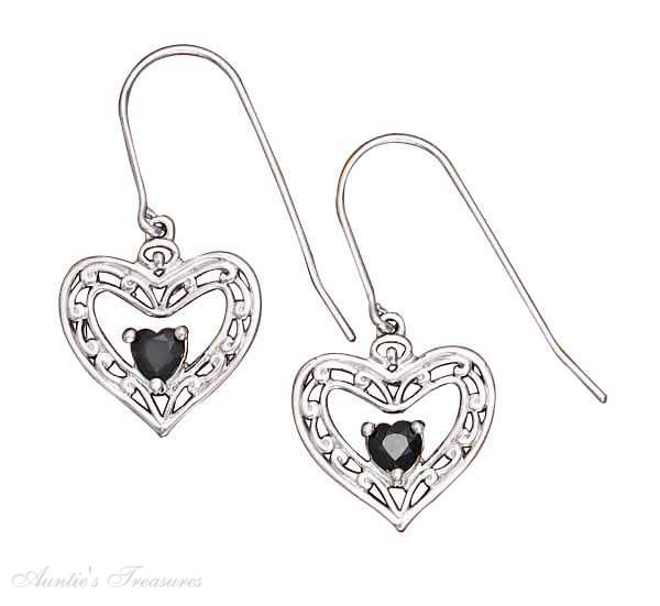 Scrolled Open Heart Earrings Sapphire Heart