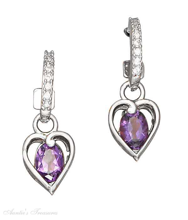 Cubic Zirconia Post Hoop Heart Amethyst Oval Dangle Earrings
