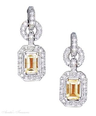 Fancy Cubic Zirconia Post Dangle Citrine Emerald Cut Earrings