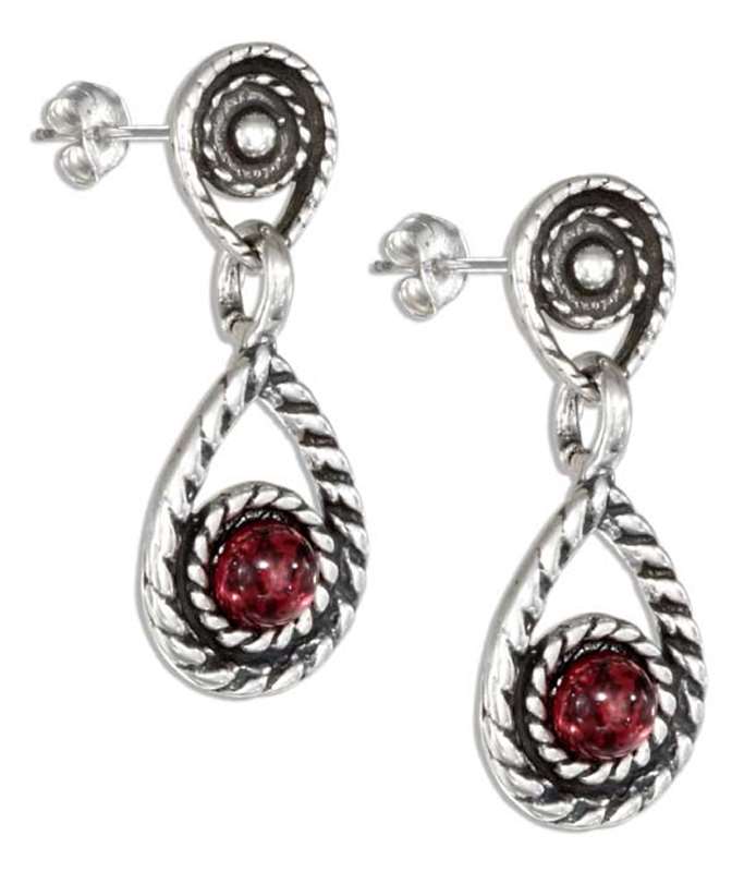 Roped Double Teardrop Post Drop Earrings Round Garnet Cabochon Roped Double Teardrop Post Drop Earrings Round Garnet Cabochon