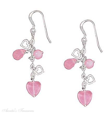 Rose Quartz Heart Ball Briolette Dangle Earrings On Chain Open H