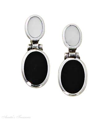 Mother Of Pearl Post Hinged Black Onyx Dangle Earrings