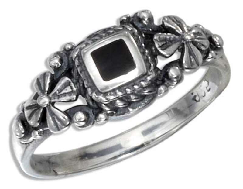 Square Black Onyx Ring Side Flowers Square Black Onyx Ring Side Flowers