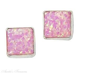 Square Synthetic Pink Opal Post Earrings