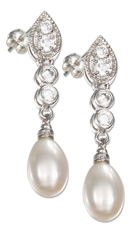 Teardrop Cubic Zirconia Post Earrings Pearl Dangles Teardrop Cubic Zirconia Post Earrings Pearl Dangles