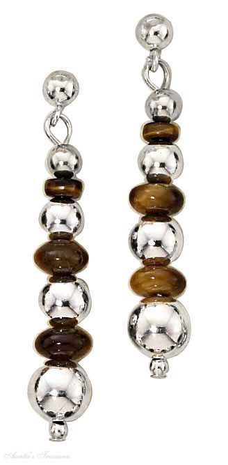 Tigereye Silver Bead Post Drop Earrings