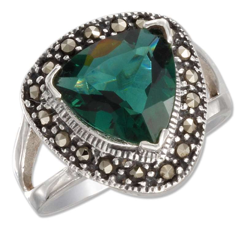 Triangle Solitaire Green Quartz Marcasite Cocktail Ring