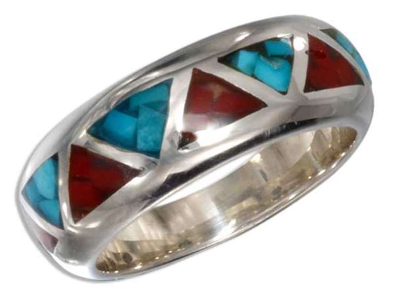Unisex Turquoise Coral Wedding Band Ring Unisex Turquoise Coral Wedding Band Ring