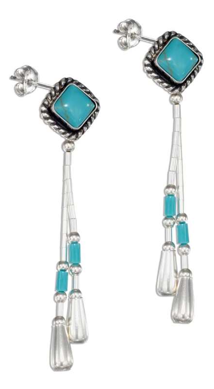 Turquoise Diamonds Liquid Silver Tassel Dangle Post Earrings