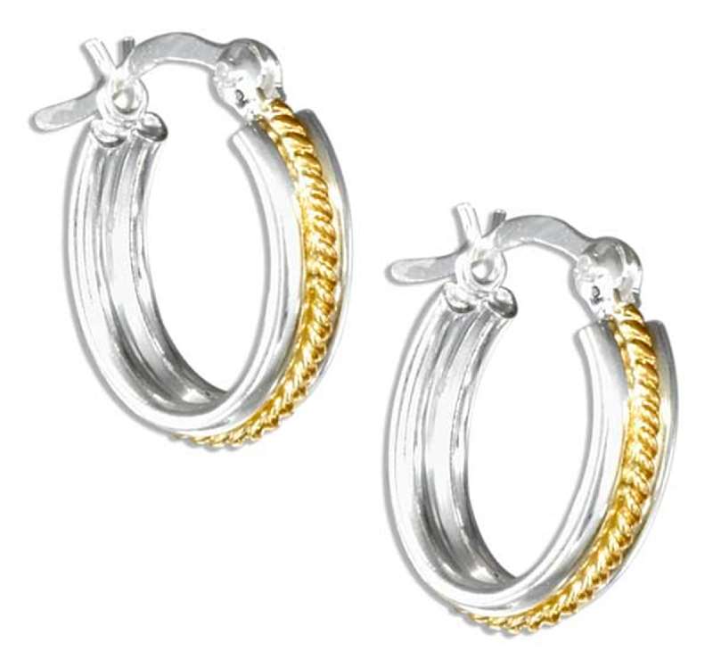 Two Tone 1/2" Oval Hoop Earrings Vermeil Rope Strip French Lock