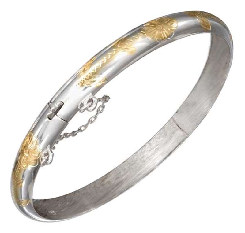 Two Tone 7mm Etched Floral Bangle Bracelet Two Tone 7mm Etched Floral Bangle Bracelet