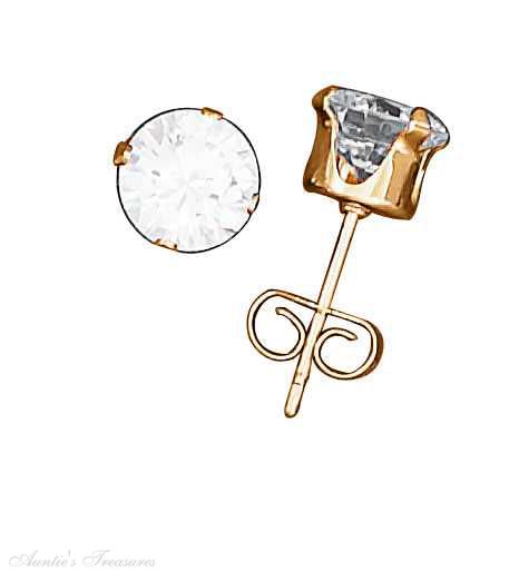 Vermeil 6mm Round Cubic Zirconia Four Prong Post Earrings - Click Image to Close