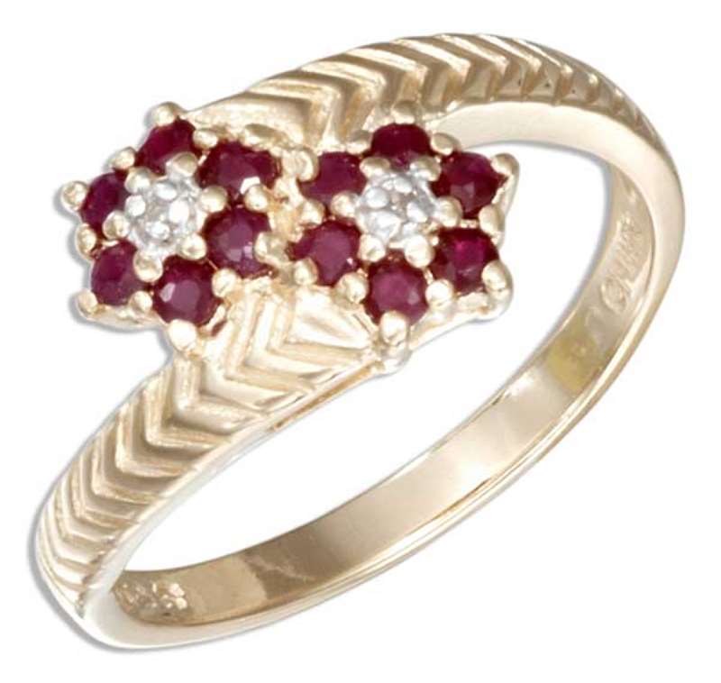 Gold Vermeil Ruby Flower Bypass Ring Diamond Chips Gold Vermeil Ruby Flower Bypass Ring Diamond Chips