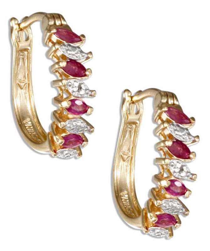 Gold Vermeil Marquise Ruby Hoop Earrings Diamond Chip - Click Image to Close