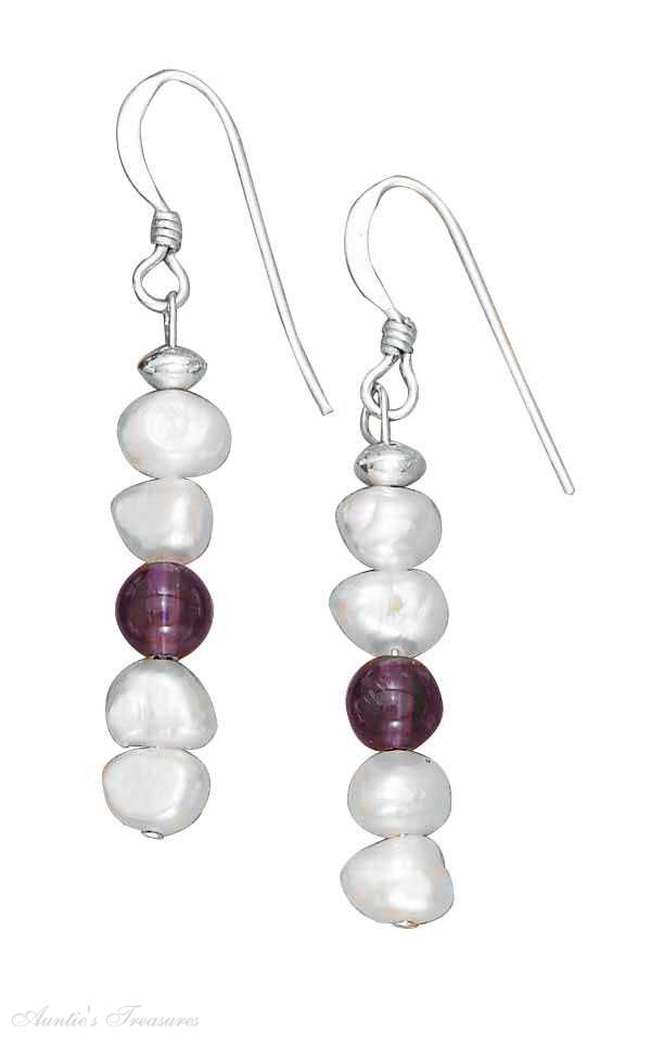 White Freshwater Pearl Amethyst Bead Drop Earrings