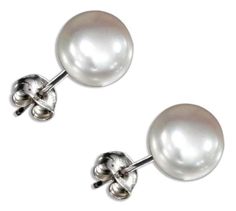 Freshwater button white pearl large round stud post earrings 14k