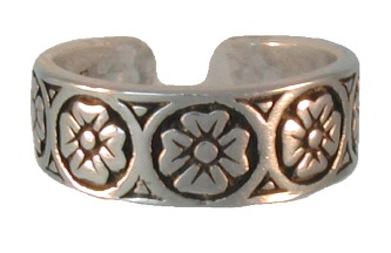 Wide Band Antiqued Circled Four Petal Flowers Adjustable Toe Ring Wide Band Antiqued Circled Four Petal Flowers Adjustable Toe Ring