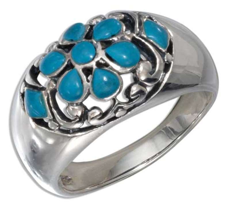 Wide Dome Multiple Turquoise Stones In Floral Pattern Ring