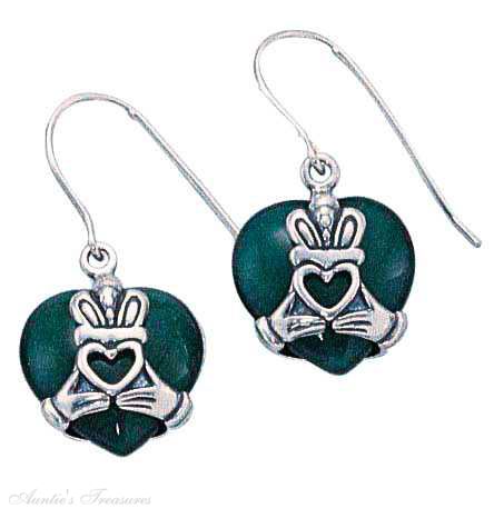 Green Agate Claddagh Dangle Earrings